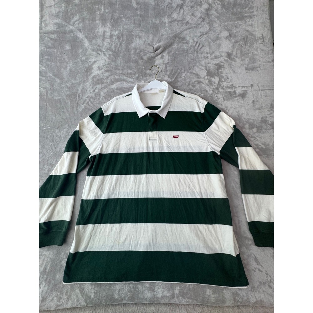 Levis Mens XL Relaxed Fit Rugby Shirt Green White Striped Long Sleeve Polo
